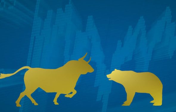 Illustration of the stock market with the bull for a price growth and the bear for a price fall. The background is blue with a typical chart. (Photo: AdobeStock)