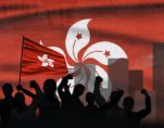 Hong Kong Flag in the background with protesting crowd to illustrate demonstrations and political relations in Hong Kong. (Photo: AdobeStock)