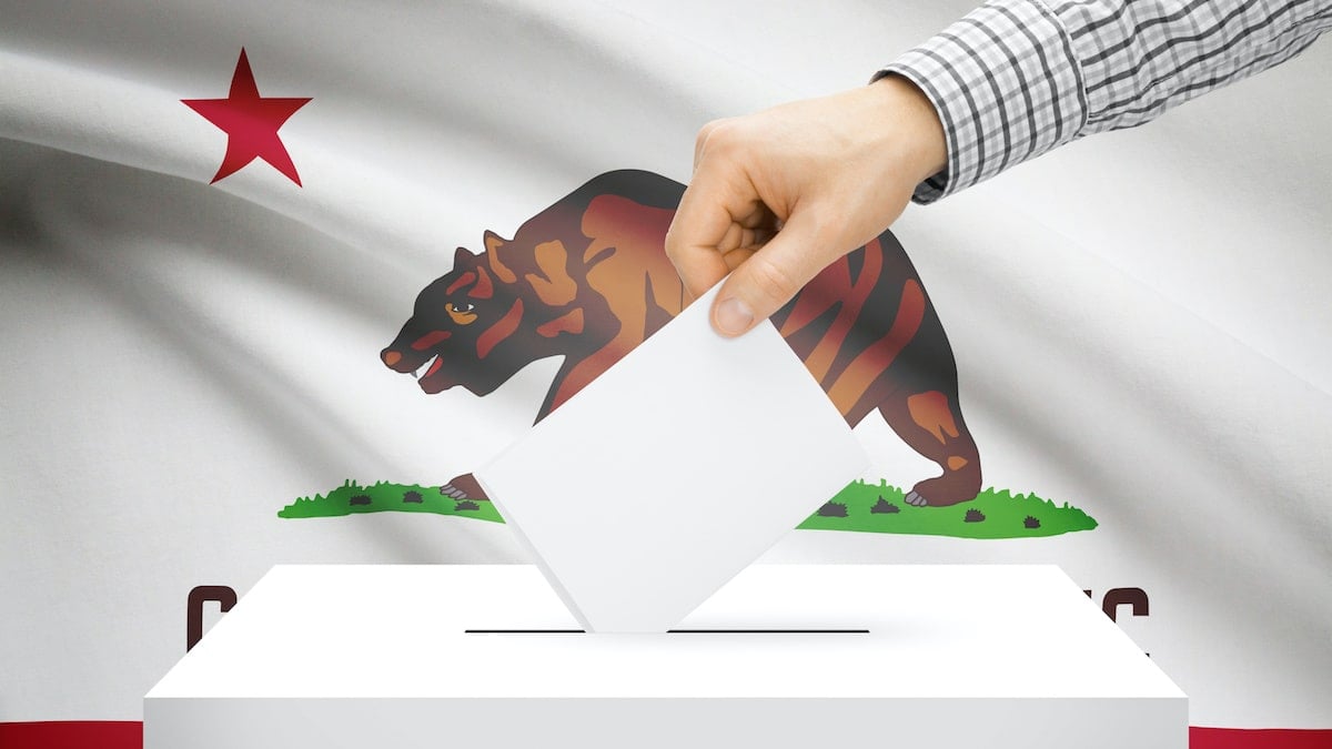 Voting, elections and state polls concept: Ballot box with state flag in the background - California. (Photo: AdobeStock)