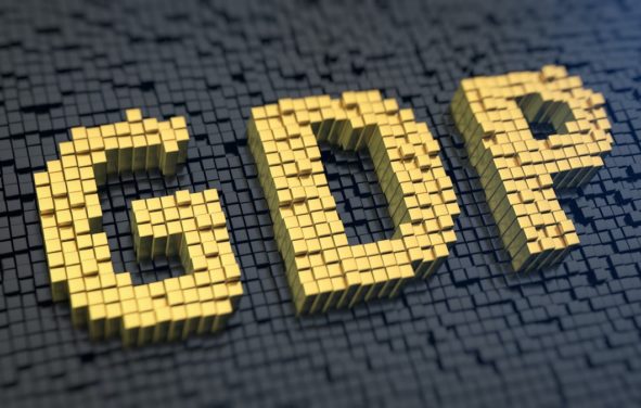 Gross domestic product (GDP) graphic concept with yellow square pixels on a black matrix background. (Photo: AdobeStock)